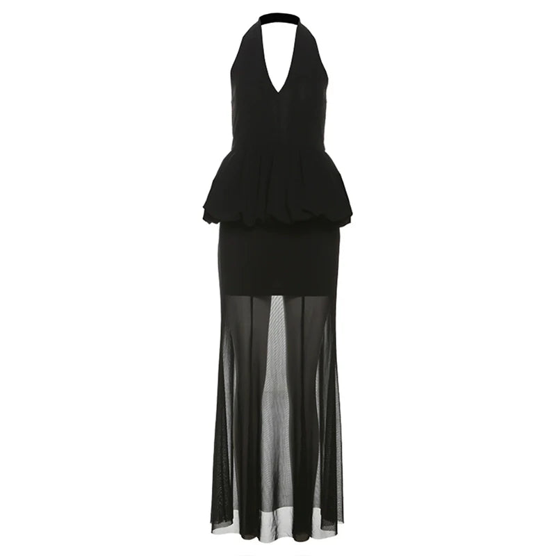 Mature Elegant Black V-Neck Halter Tulle-Paneled Sheer Fake Two-Piece Maxi Dress