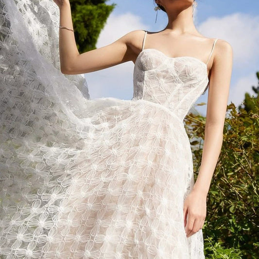 French White Tulle Mermaid Ballet Spaghetti Strap Cutout Gown Dress