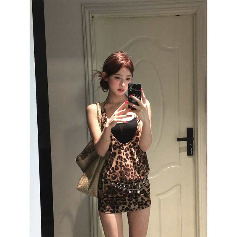 Fake Two-Piece Leopard Print Halter Spaghetti-Strap Mini Dress