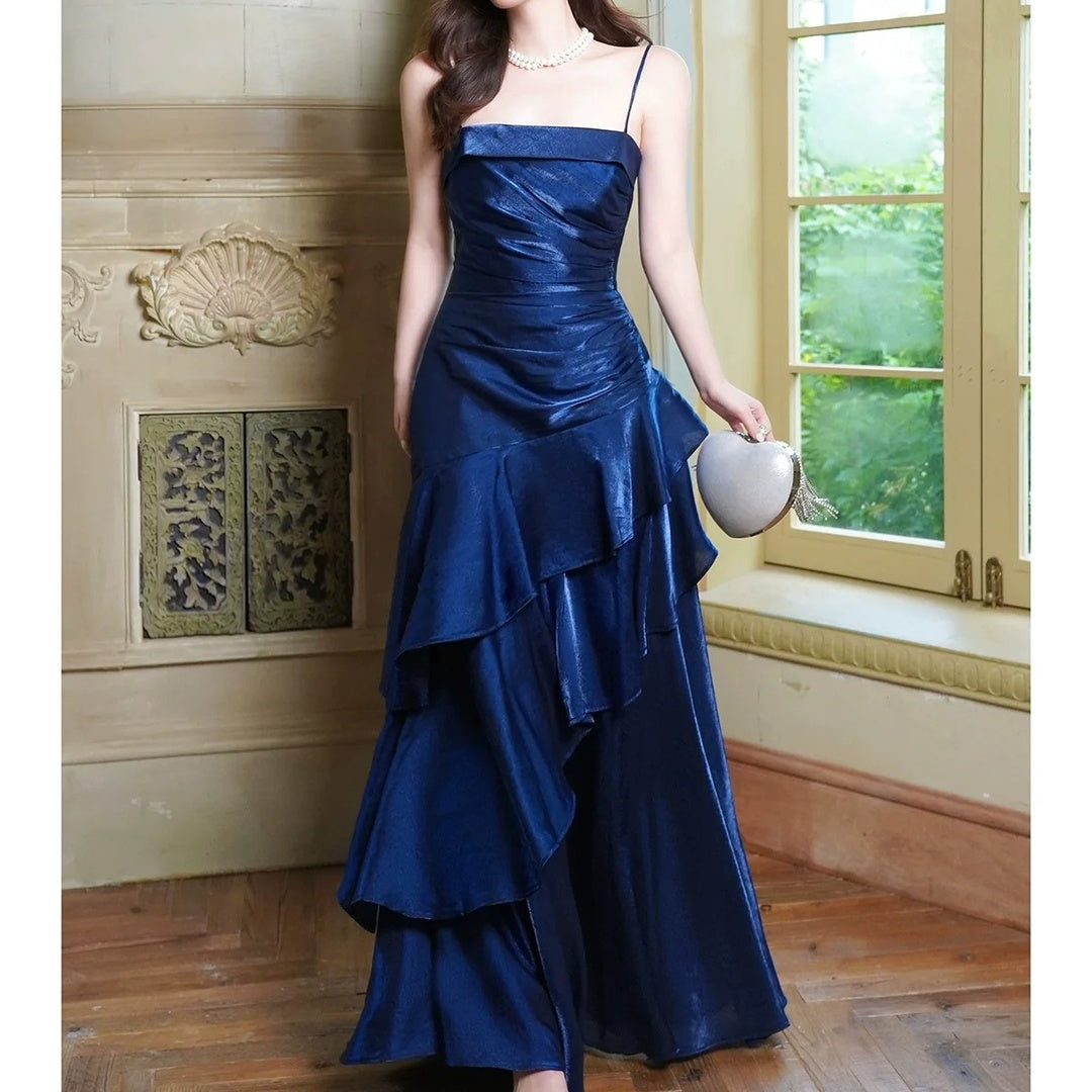 French Blue Spaghetti Strap Waist Gown Dress – Slim Fit Evening Dress