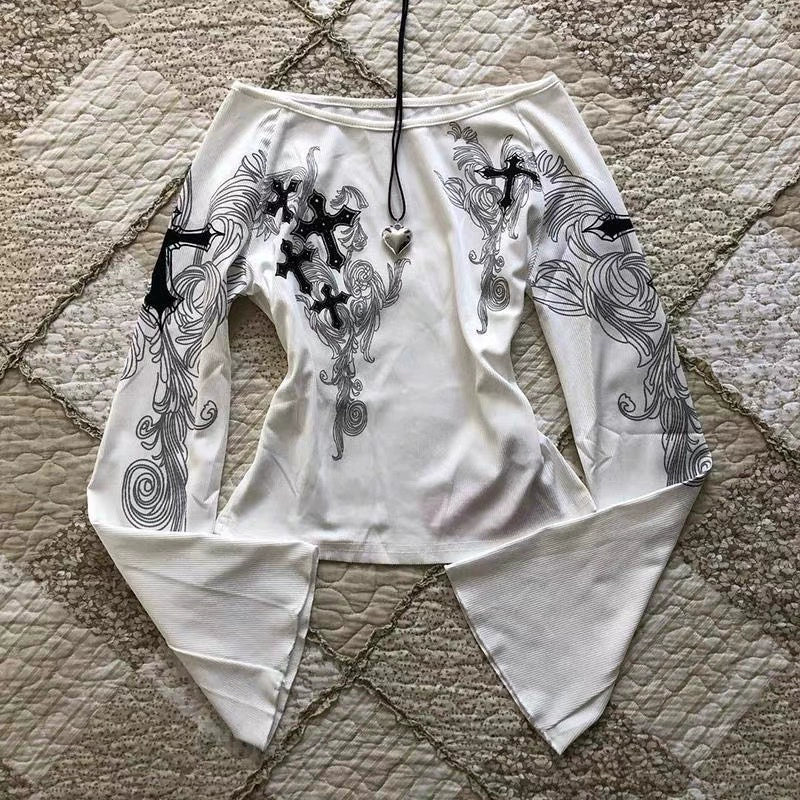 White Off-The-Shoulder Flared Sleeve Print Y2K T-Shirt