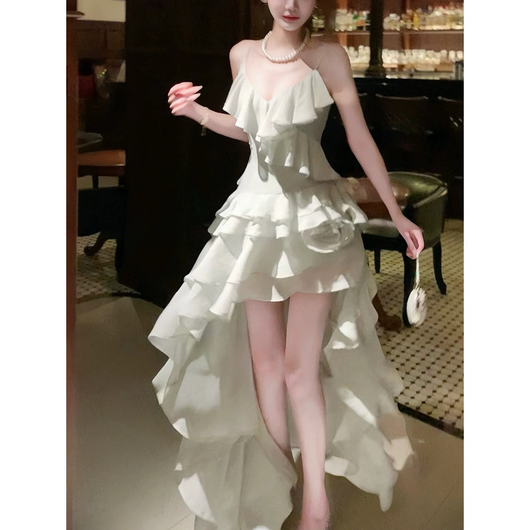 French Ruffle Asymmetrical Floral Resort Gown Dress – Fairy Tale Summer Dress