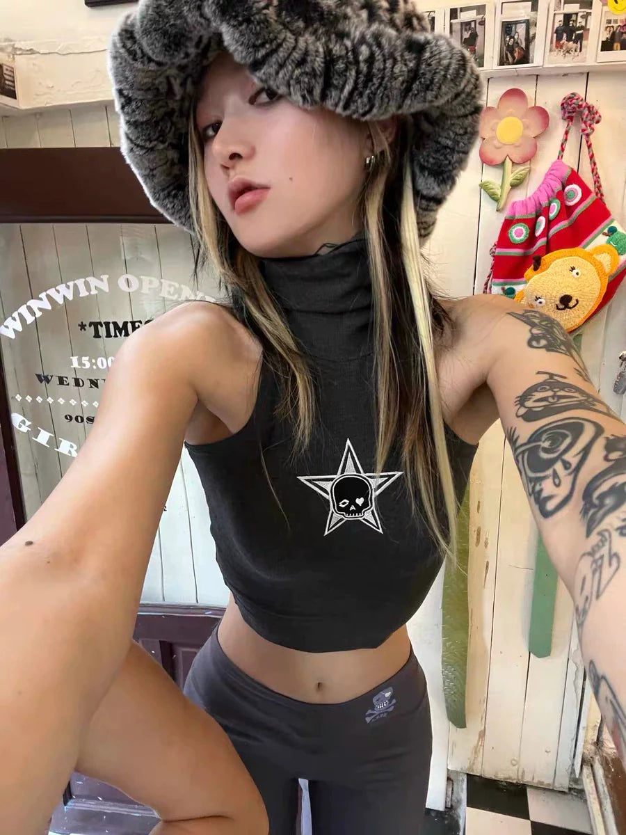 Gray Punk Skull Print Mock-Neck Slim Tank Top Y2K