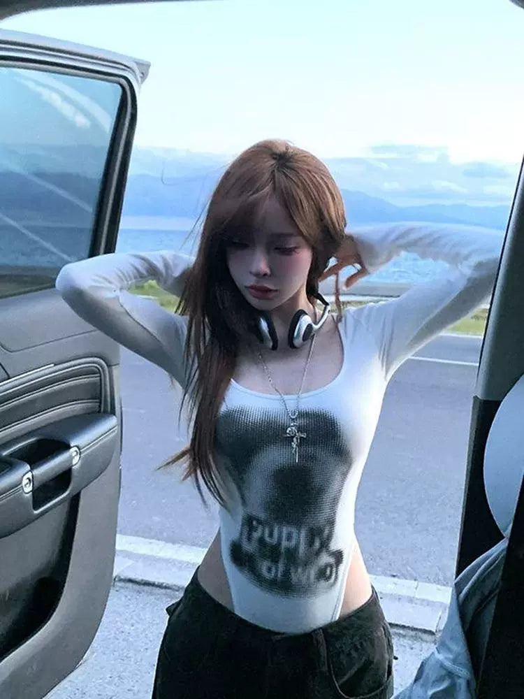 White Graphic Print Jumpsuit Y2K