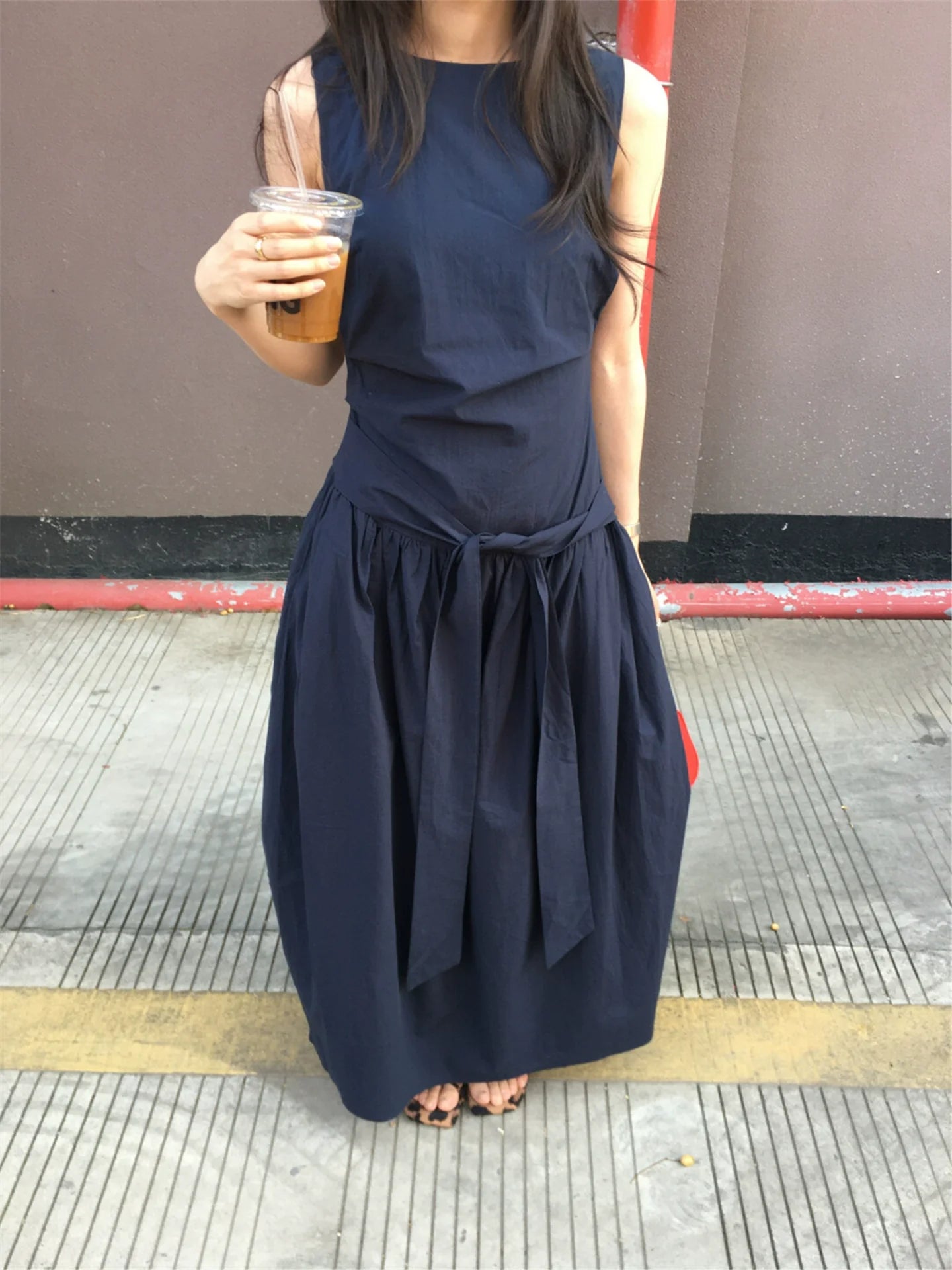 Nautical-Inspired Sleeveless Wrap Midi Dress
