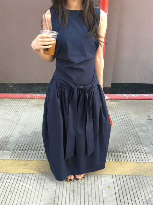 Nautical-Inspired Sleeveless Wrap Midi Dress