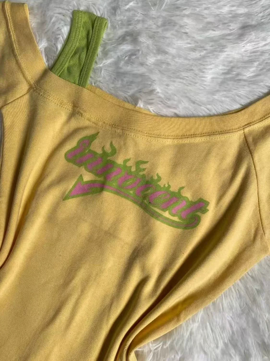 Yellow Subculture Y2K E-girl Abi American Retro Vintage Asymmetrical Print Short Sleeve Top