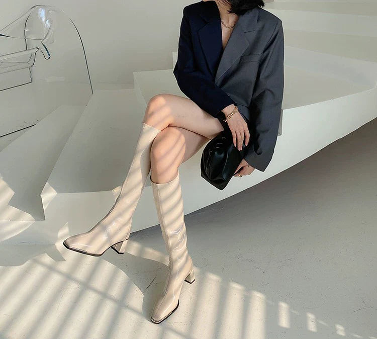 Celebrity Inspired Knee High Boots Women Spring Autumn Patent Leather High Heel Fleece Lined Knee High Biker Boots