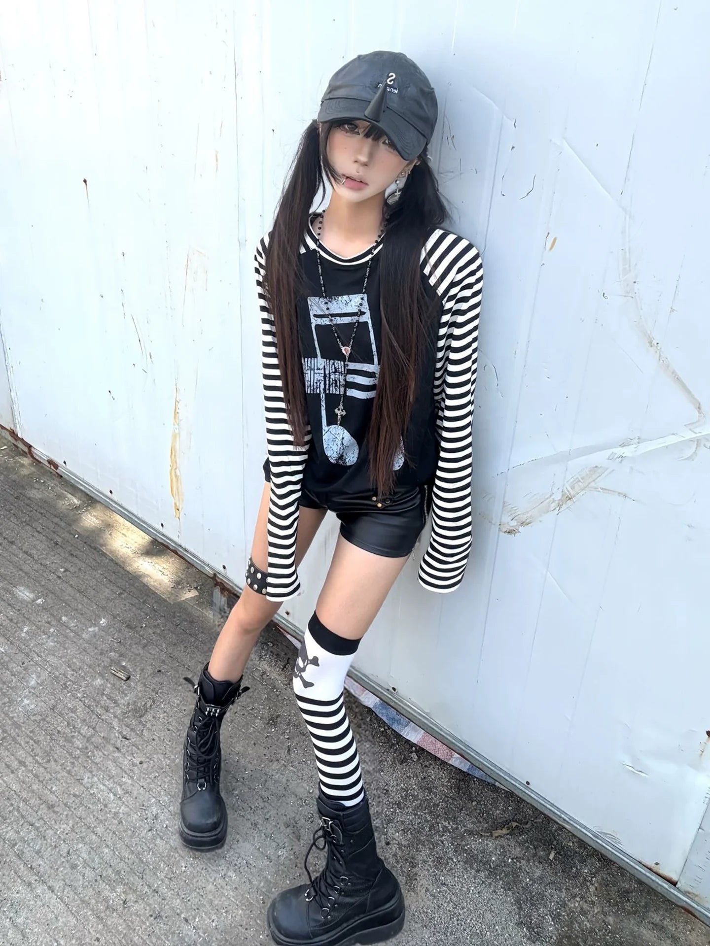 Y2K Light Subculture Striped Long Sleeve Tee Musical Print Raglan Top