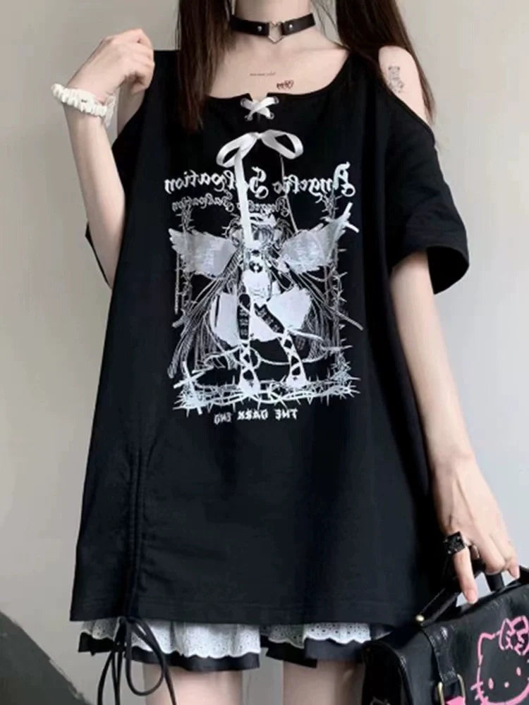 White Off-Shoulder Tie Angel Print Oversized Mid-Length Y2K T-Shirt