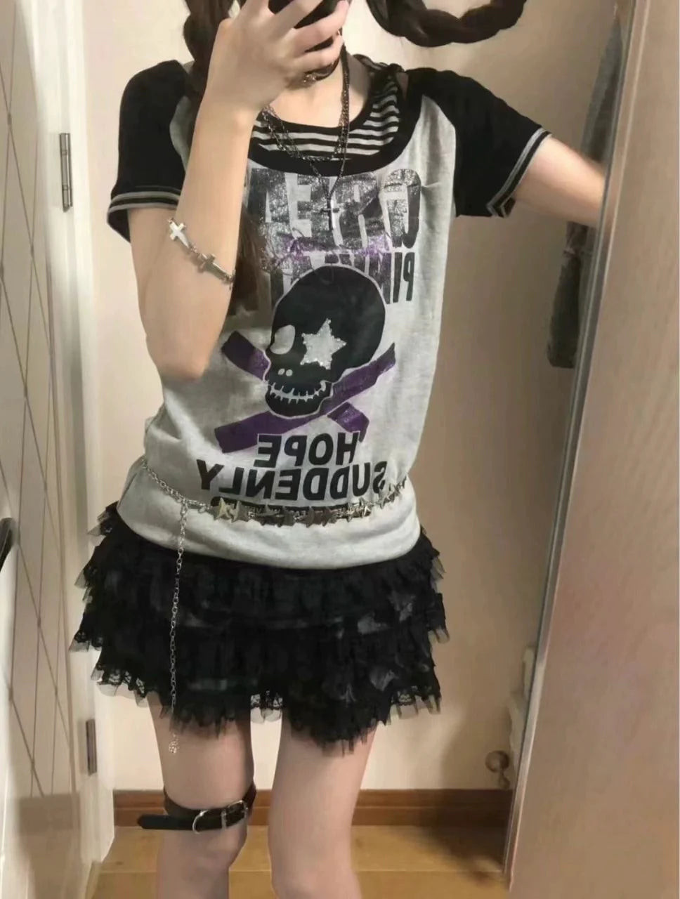 Gray Subculture Punk Y2K E-girl Shibuya Girl Fake Two-Piece Skull Hooded Short Sleeve Top