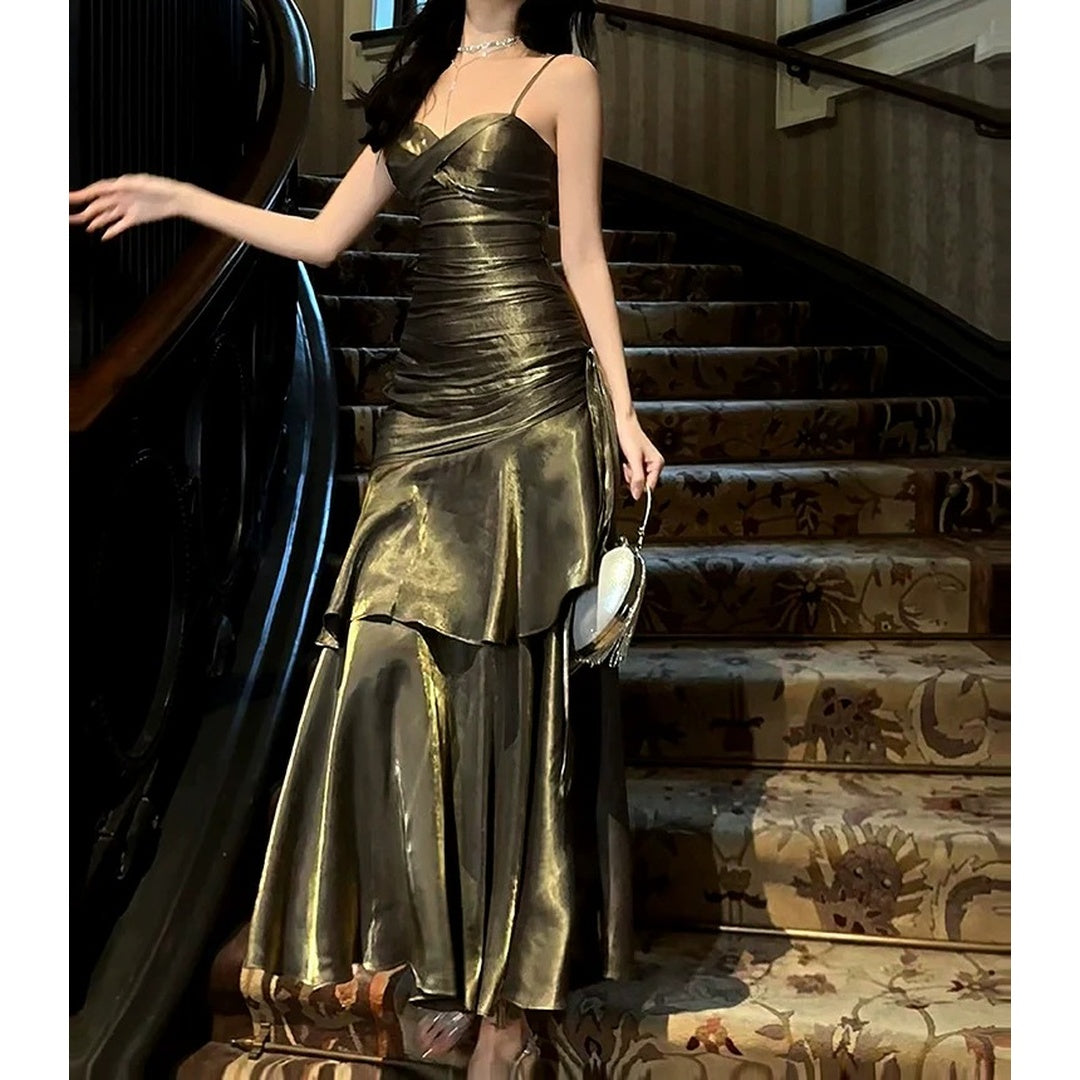 Mermaid Butterfly Ruffle High-End Black Gold Gown Dress