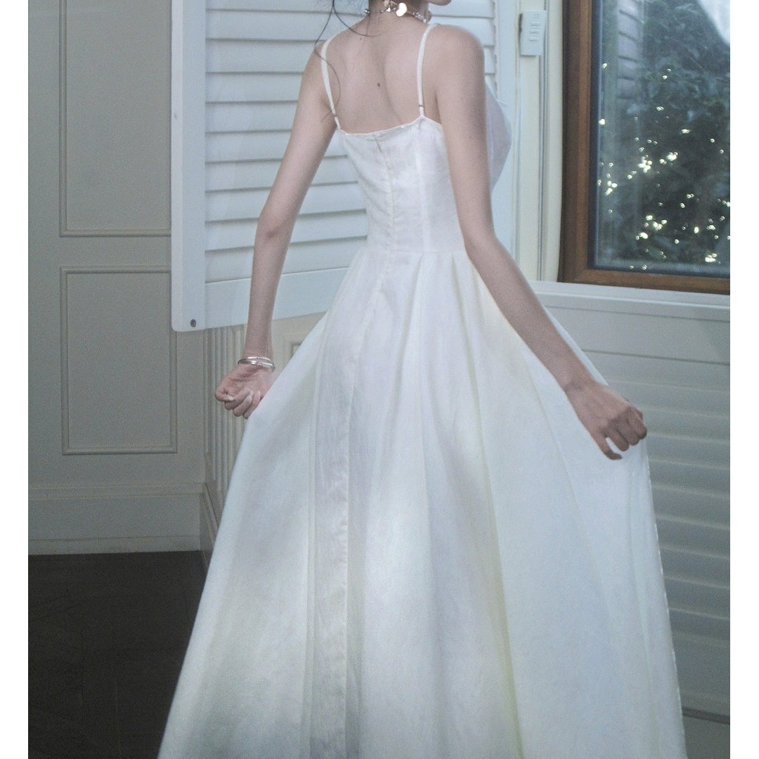 French White Floral Chiffon Halter Gown Dress