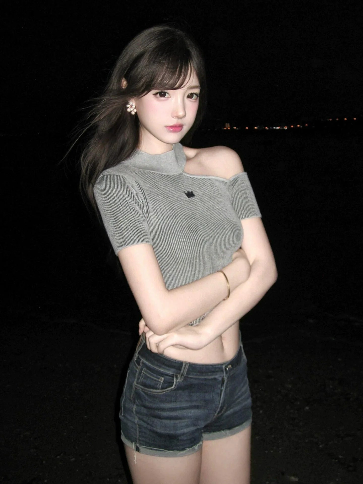 Asymmetrical Knitted Shoulder Short Sleeve Slim Crop Top