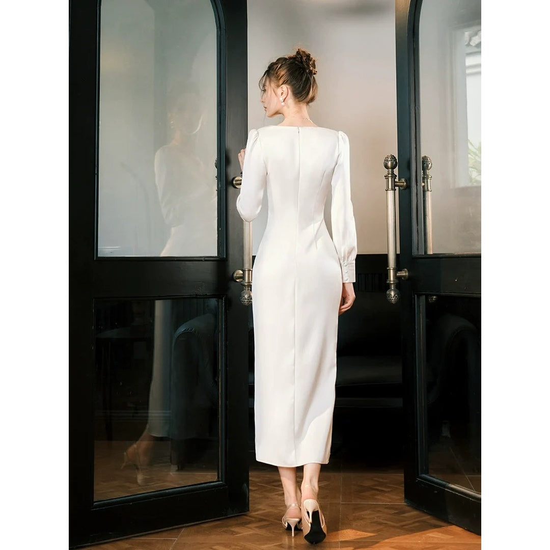 French Satin Long Sleeve Gown Dress