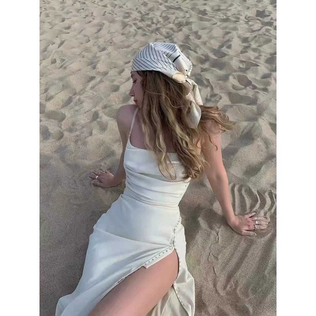 French Elegant White Spaghetti Strap Mini Gown Dress – Chic Open-Back Dress