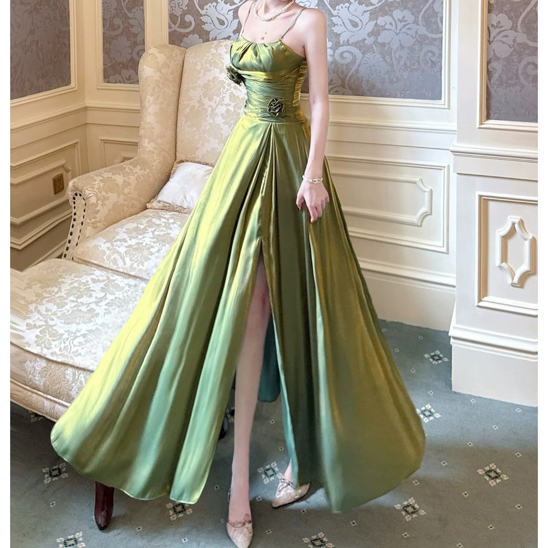 French Forest Floral Shimmer Spaghetti Gown Dress