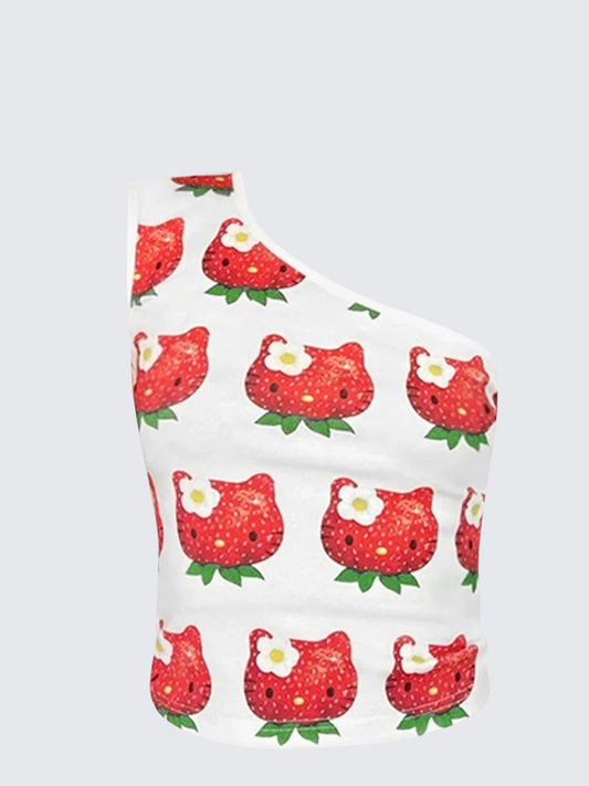 Strawberry Cat Off Shoulder Crop Top