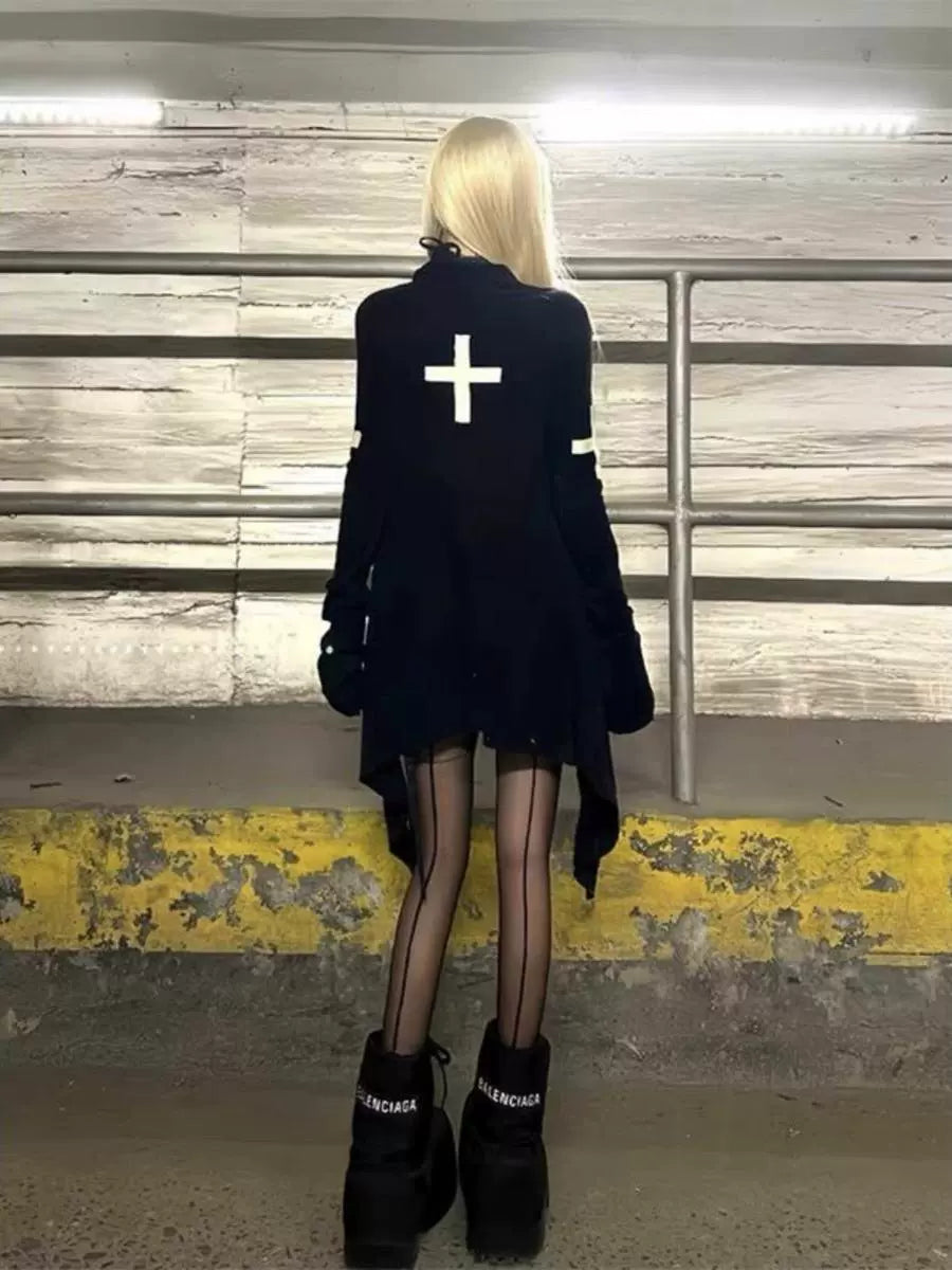 Cross Print Knit Cardigan Subculture Gothic Rock Punk Y2K E-girl Abi Mid-Length Jacket