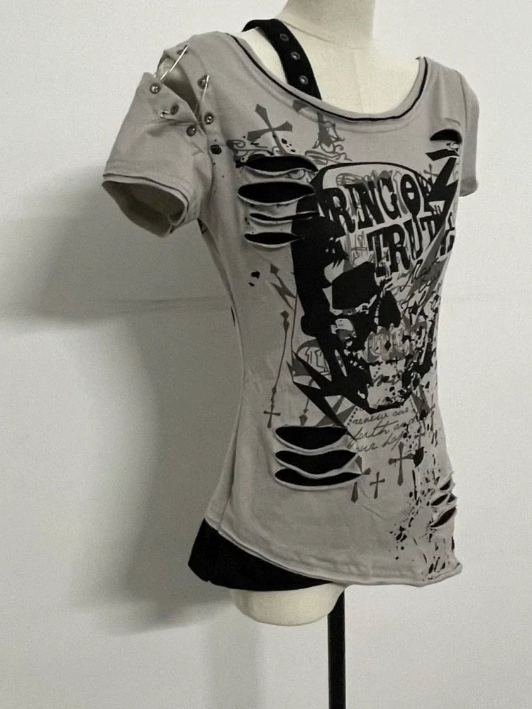 Gray Subculture Punk Y2K E-girl Abi American Retro Skull Fake Two-Piece Short Sleeve Top