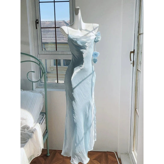 Moonlight Flower Elegant Double Layer Slit Spaghetti Strap Gown Dress