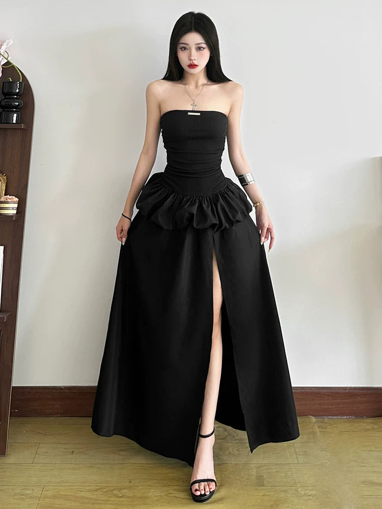 French Chic Black Fake Two-Piece Tube Top High-Slit Maxi Dress