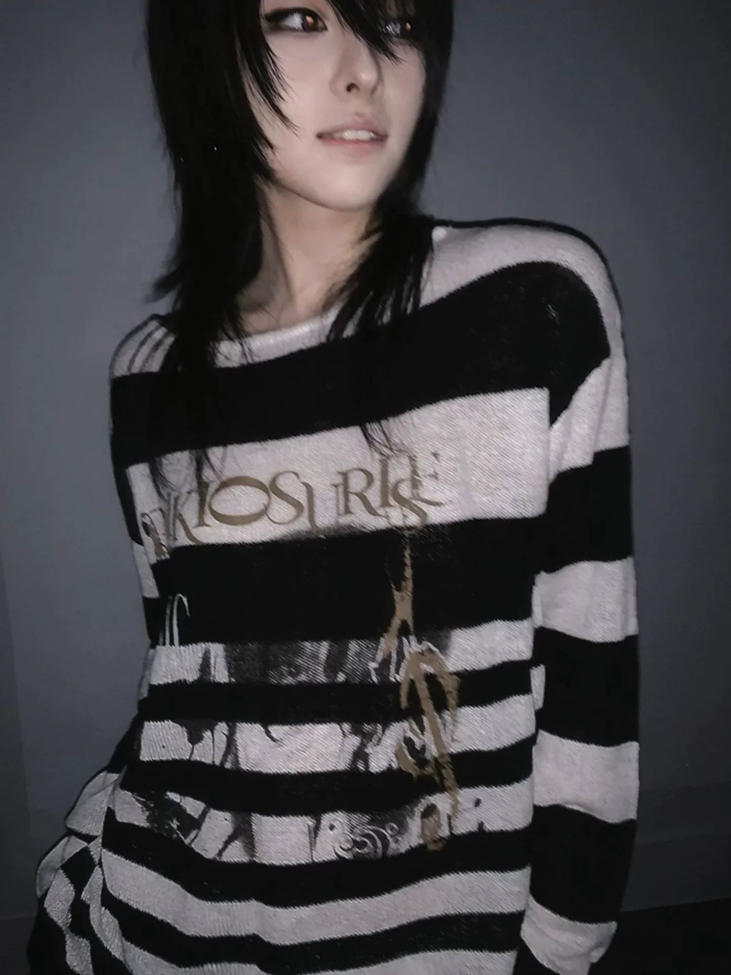 Visual Kei Black & White Striped Sweater Autumn-Winter Portrait Print Knit Top