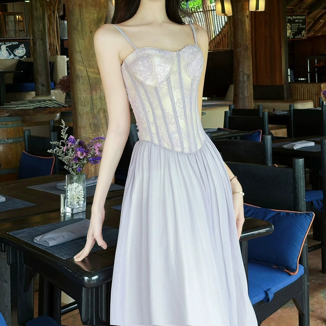 French Lace Mermaid Purple Tulle Waist Gown Dress