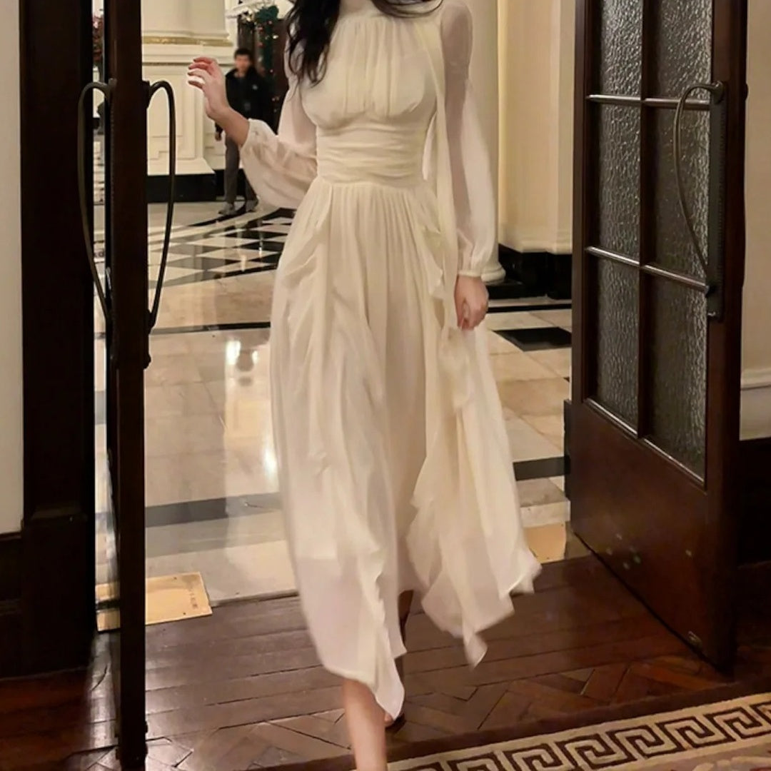 White Long Sleeve Gown with Ruffle Details Prom Dress