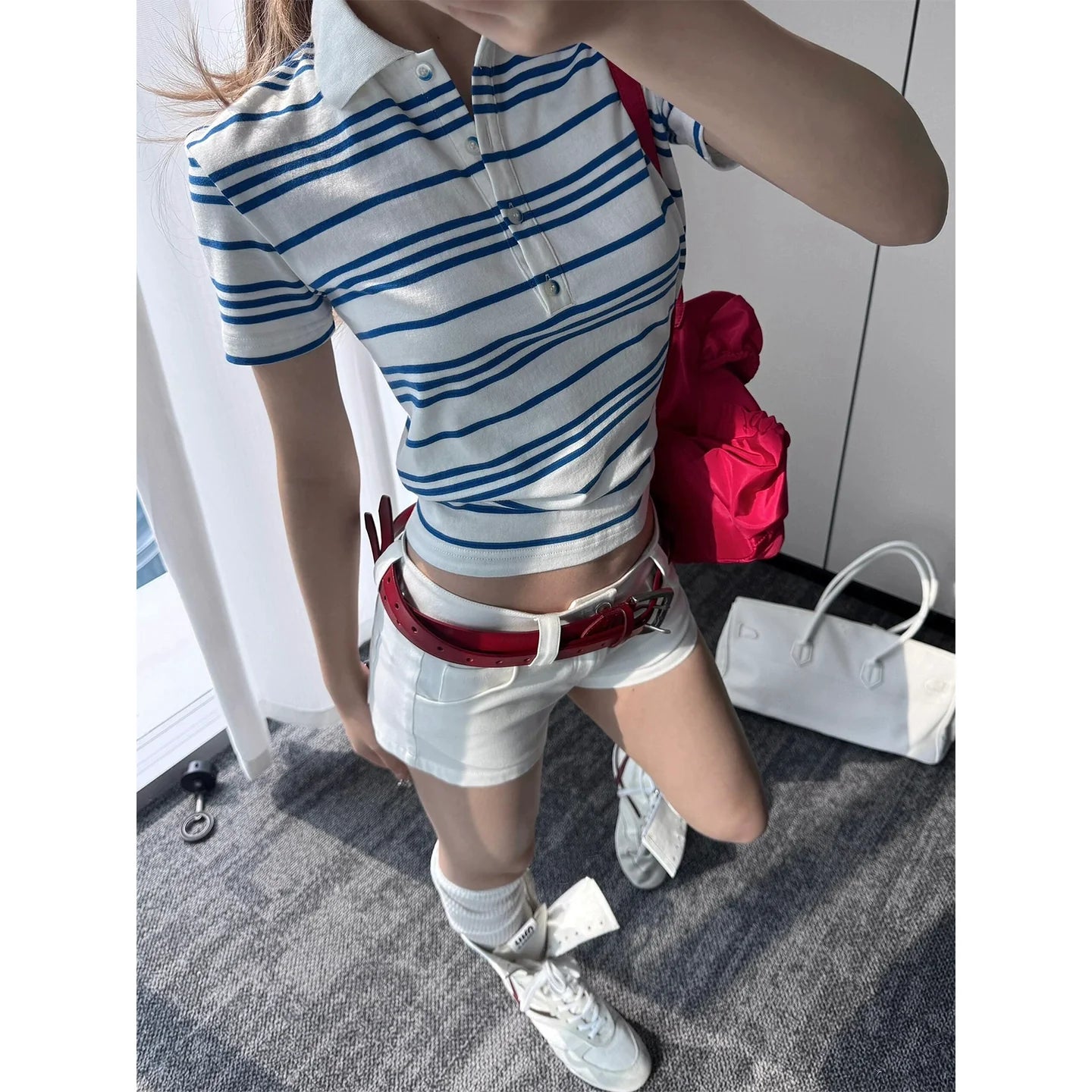 Preppy Blue Striped Short Sleeve Polo Top Summer Y2K Shirt