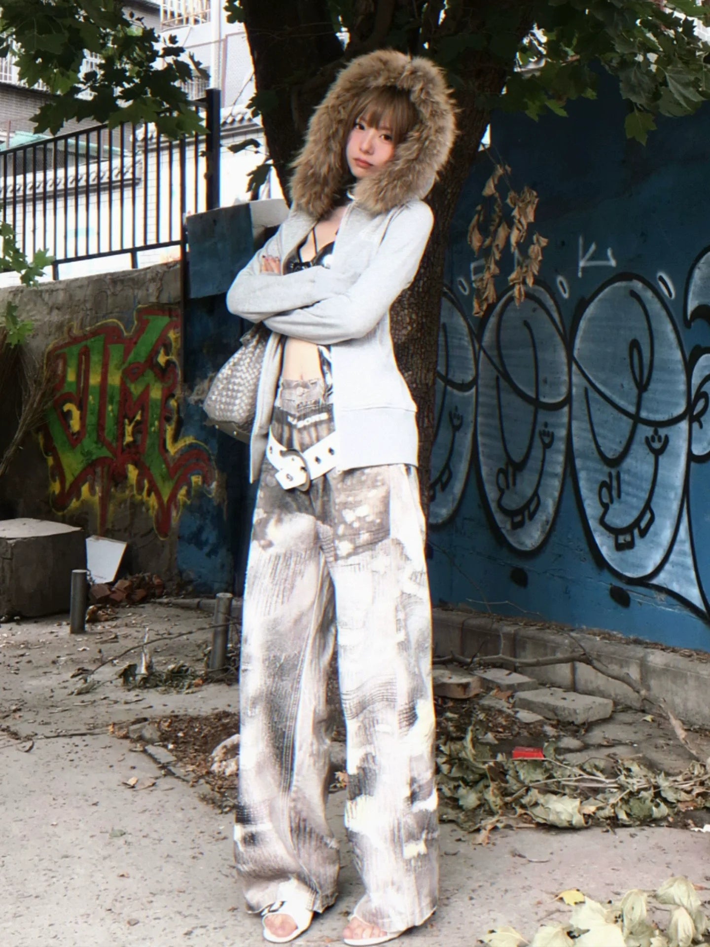 Detachable Fur Collar Zip Up Hoodie Slim Fit Y2K Top