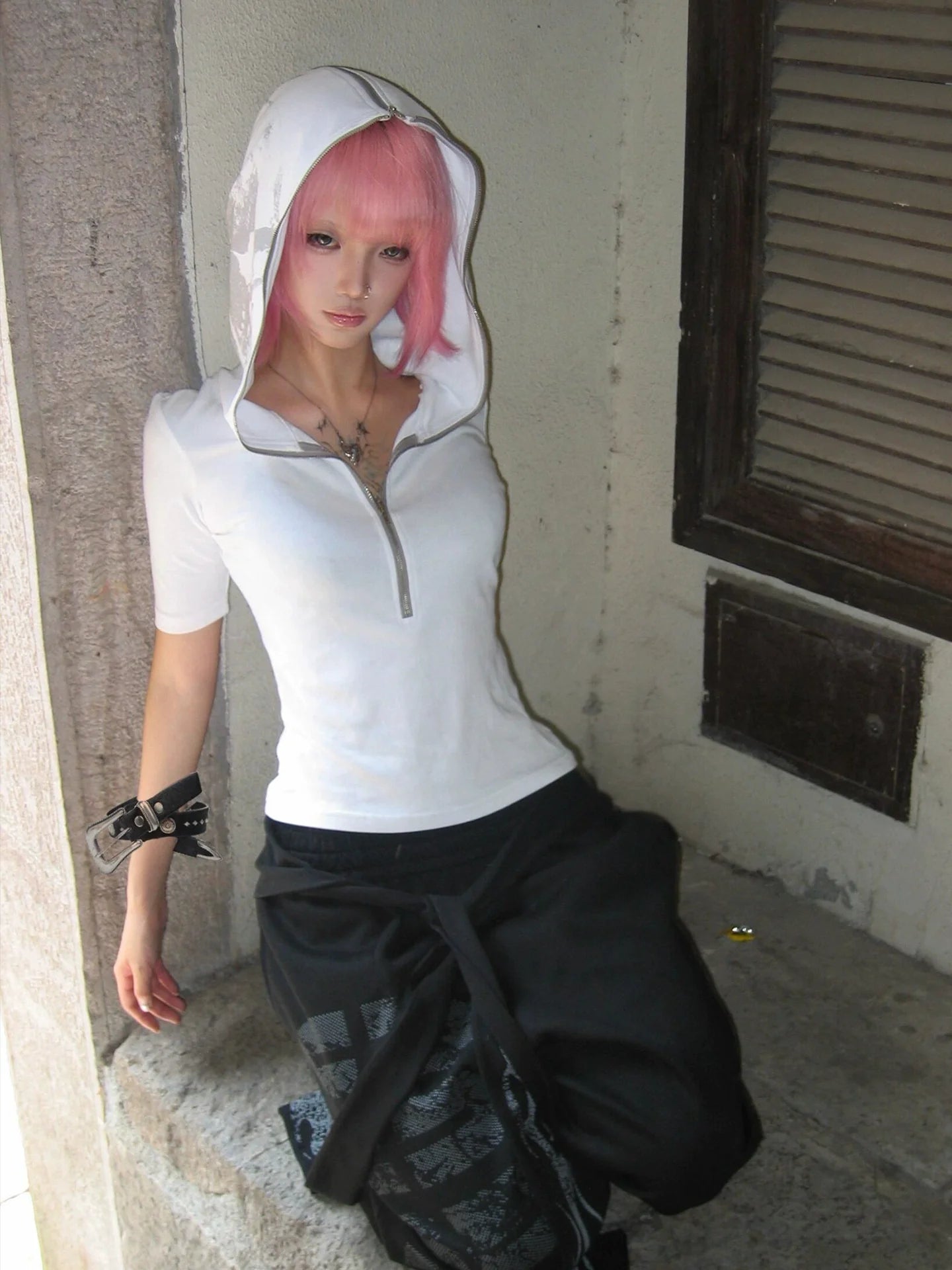 Y2K Subculture Boxing Hoodie Tee  Skull Print Slim Fit Mid-Sleeve Top