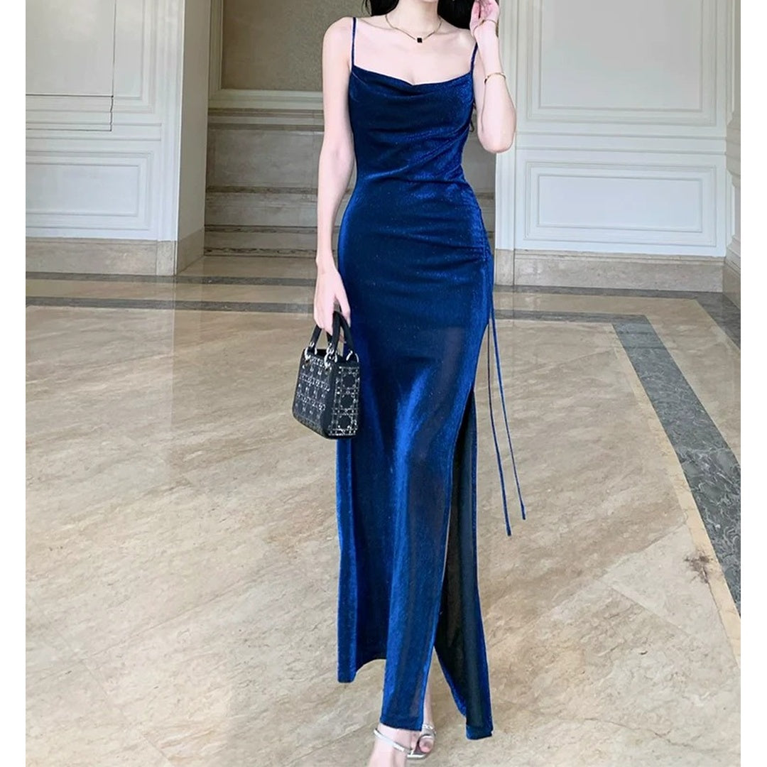 French Slant-Cut Shiny Draped Gown Dress – Luxury Elegant Dress