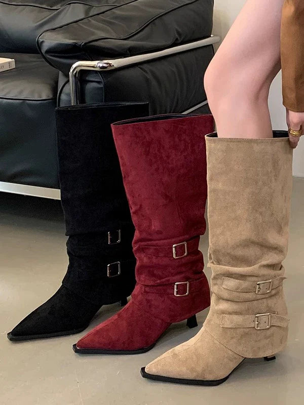 Suede Pointed Toe Slouchy Womens Boots Fall Winter New Removable Two Way Thin Heel Knee High High Heel Ankle Boots