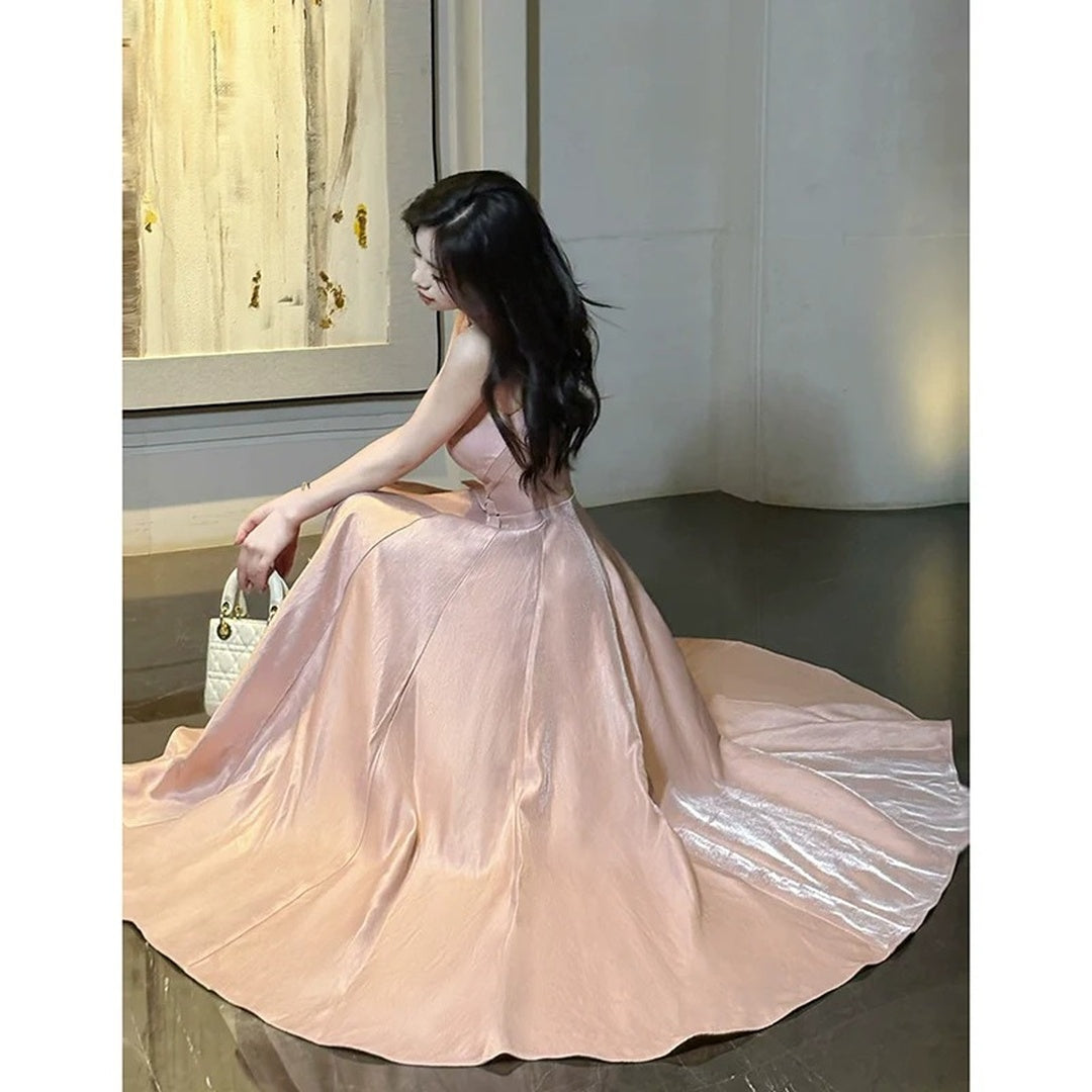 French Pink Butterfly Satin Spaghetti Strap Gown Dress – Engagement and Party Dress