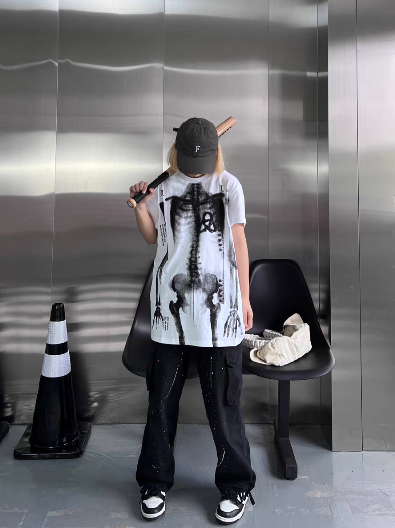 Human Skeleton Punk Bone Print Oversized Mid-Length Y2K T-Shirt