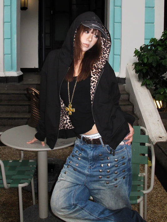 Retro Leopard Reversible Hoodie Boxy Zip Top