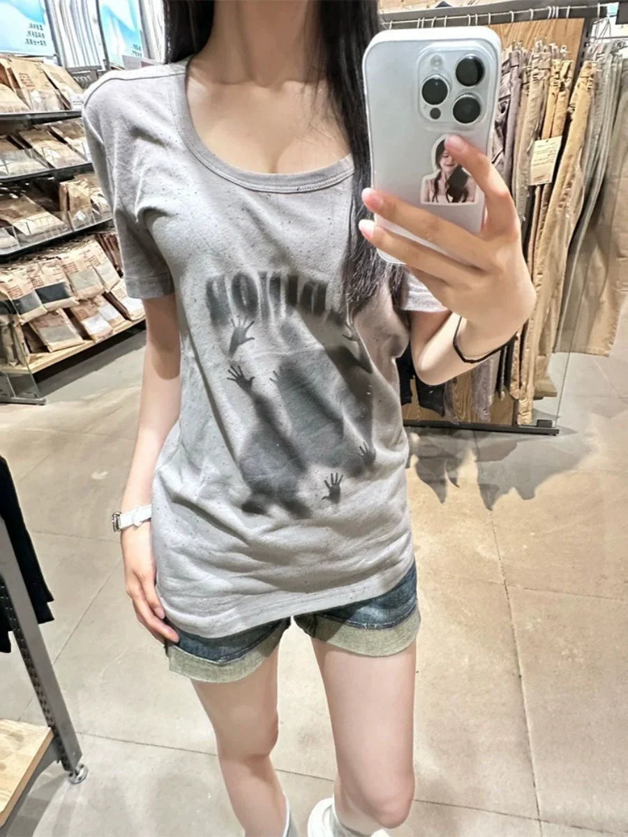 Gray Subculture Y2K E-girl Abi American Retro Phantom Print Light Subculture Short Sleeve Top