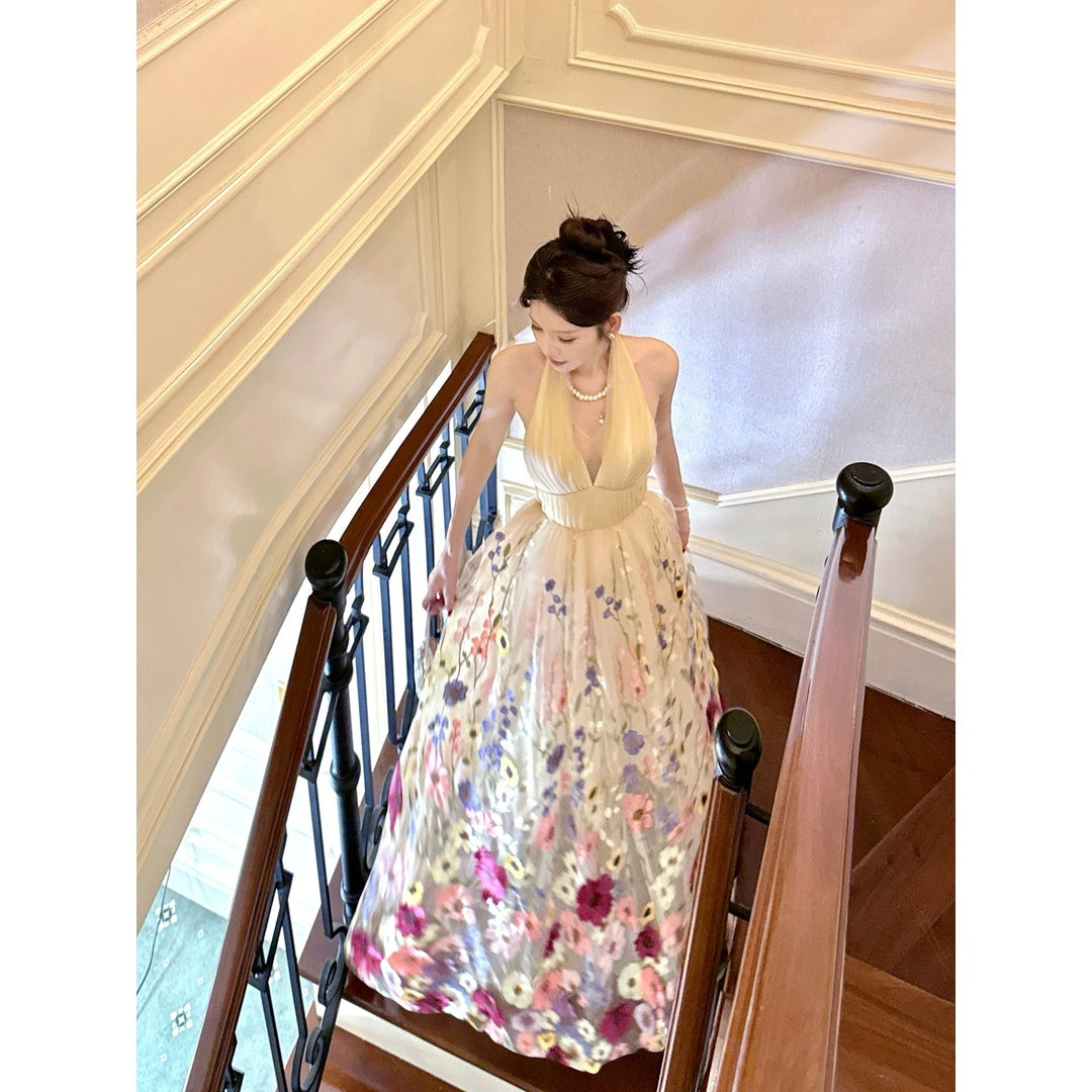 French Embroidered Halter Floral Gown Dress