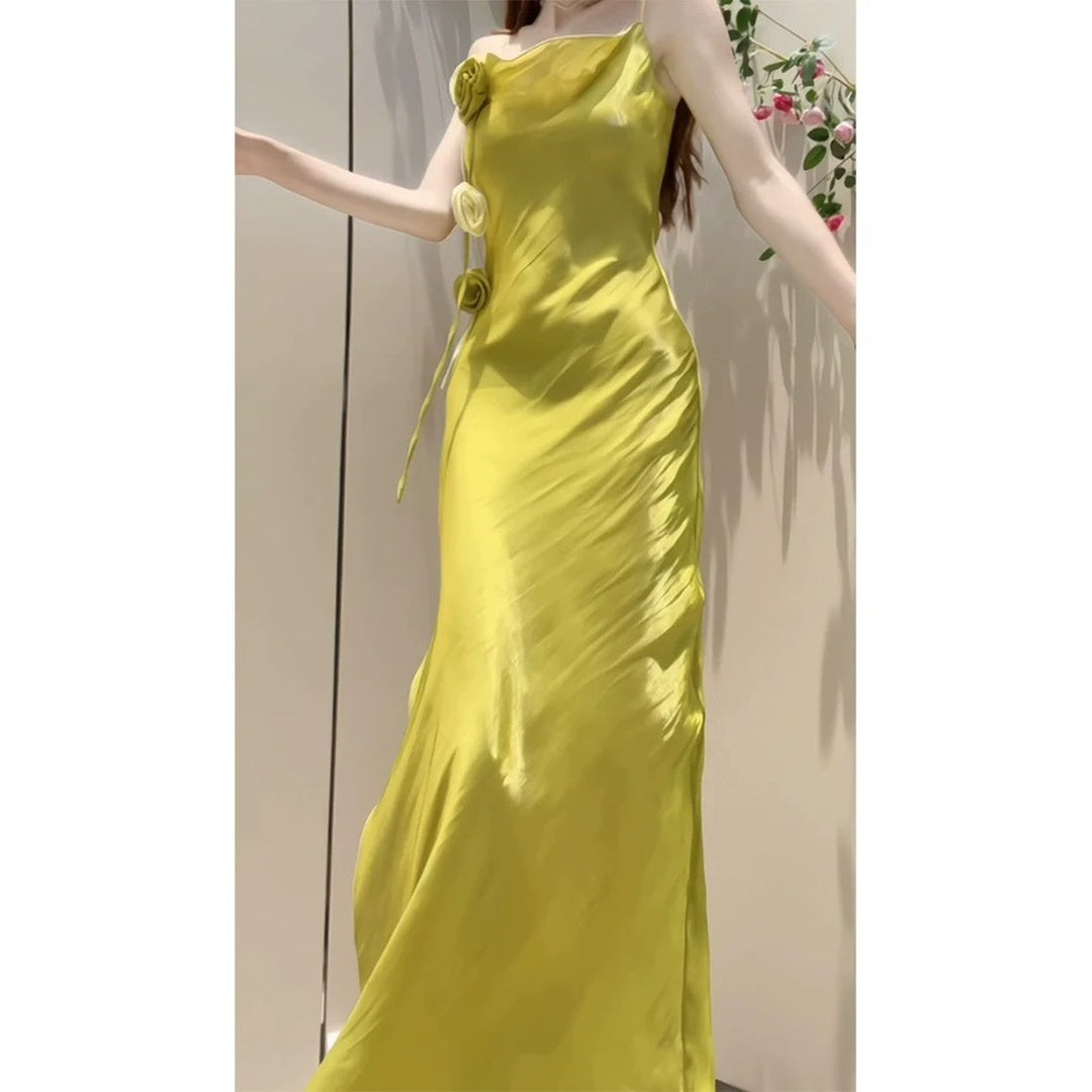 Elegant French Double Layer Draped Slit Spaghetti Strap Gown Dress