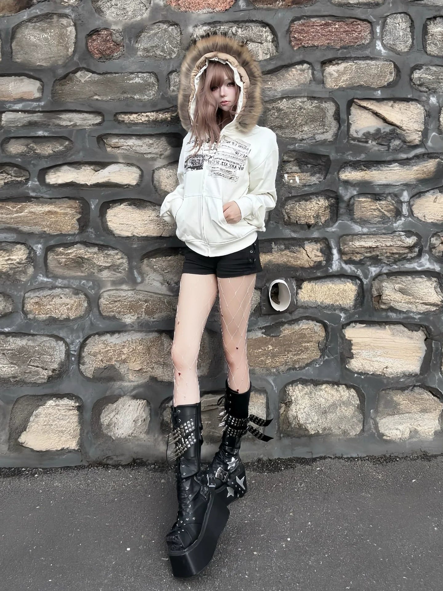 Y2K Floral Fur Collar Hoodie Zip-Up for Autumn Winter