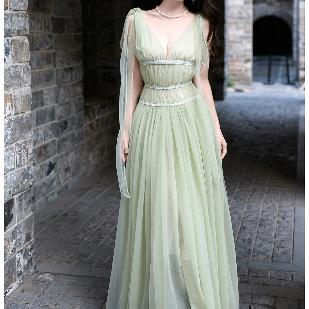 French V-Neck Green Chiffon Resort Gown Dress