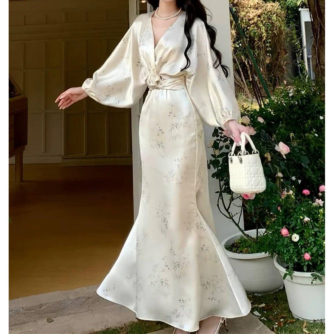 New Chinese Style Long Sleeve White Satin Gown Dress – National Elegant Dress