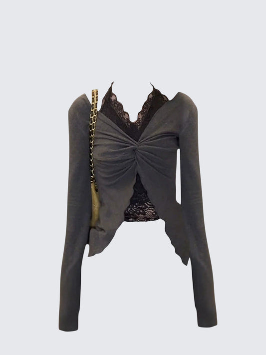 Layered Lace Halter Long Sleeve Top