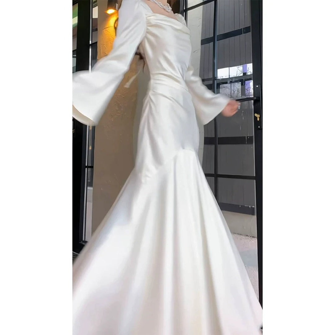 French Satin Mermaid Tail Dress White Engagement Party Evening Gown