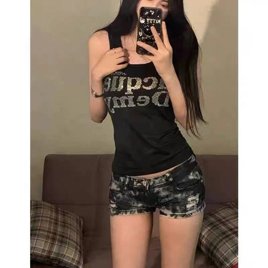 Black Subculture Punk Y2K E-girl Heavy-Duty Rhinestone Letter Crop Tank Top