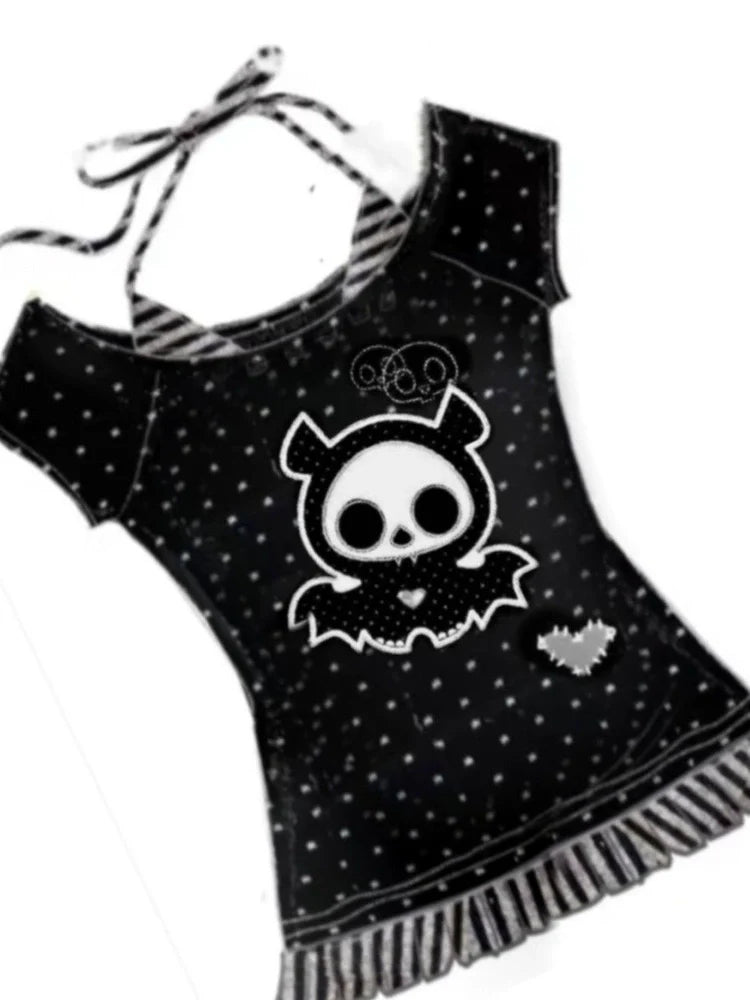 Skull & Flower Fake Two-Piece Subculture Y2K E-girl Shibuya Girl Abi American Retro One-Shoulder Short Sleeve Top