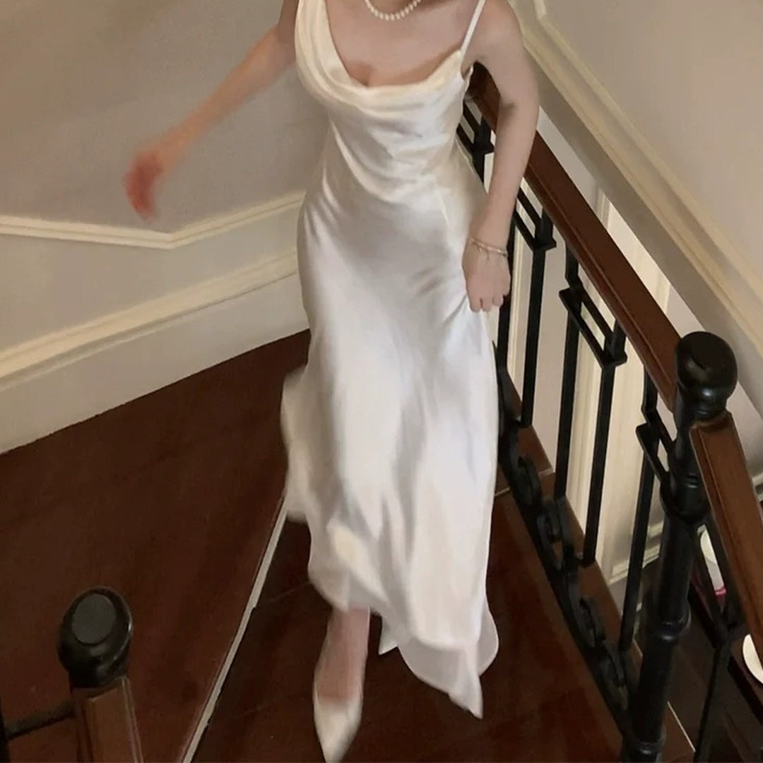 French Draped Satin Gown Dress – White Elegant Evening Dress