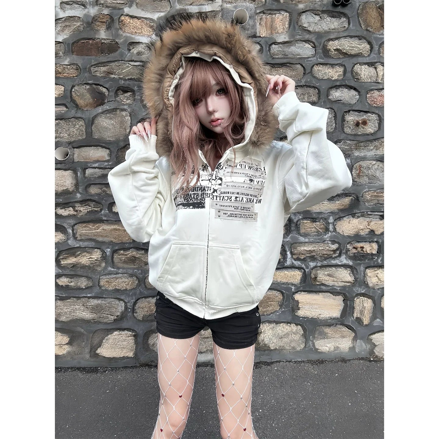 Y2K Floral Fur Collar Hoodie Zip-Up for Autumn Winter