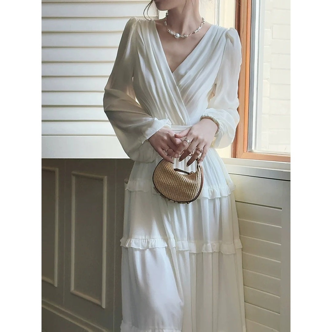 French Chiffon V Neck Ruffle Bubble Sleeve Gown Dress